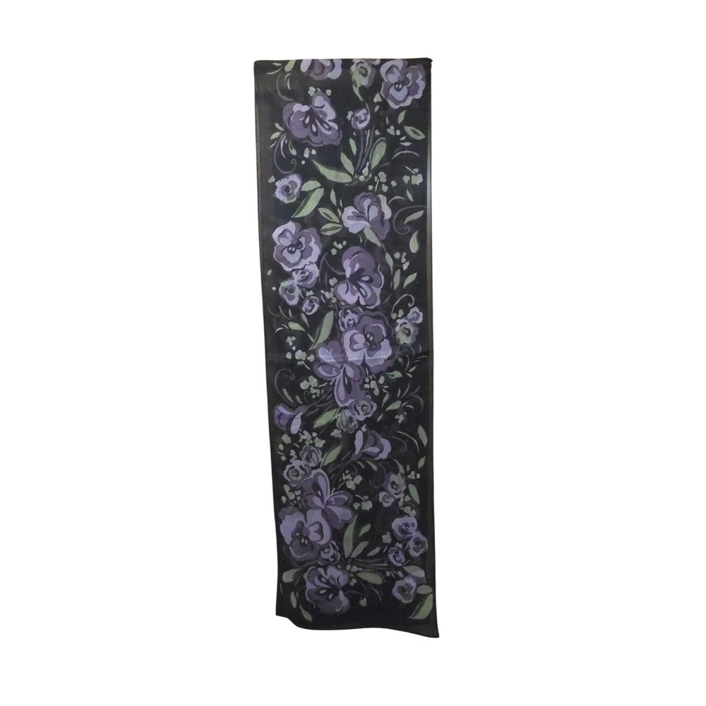 Ann Taylor Loft Scarf Black Purple Floral Sheer Polyester Oblong Rectangular